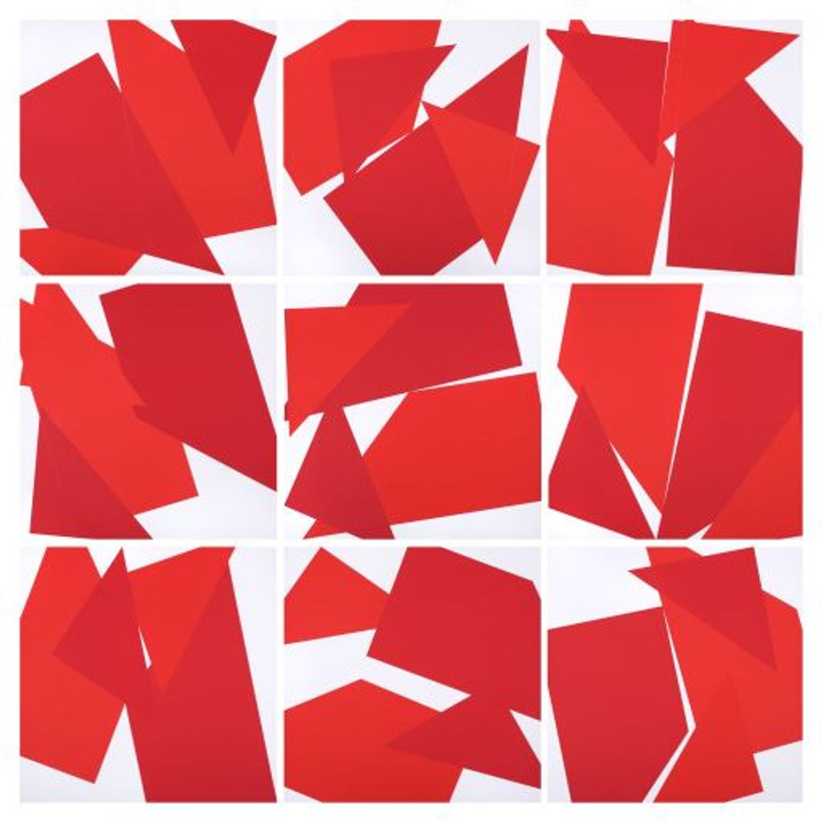 Vera Molnar, Carré coupé en 4, 2022, collage, 9 pièces. © Vera Molnar. Courtesy de la galerie Berthet-Aittouarès