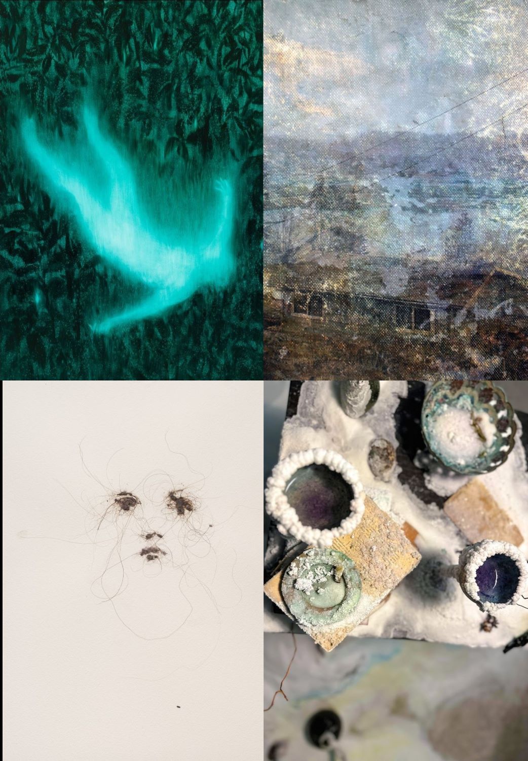 Montage des œuvres proposées par Eva Nielsen, Lionel Sabatté, Xie Lei et Bianca Bondi pour la carte blanche présentée dans le numéro de janvier 2026 du mensuel The Art Newspaper édition française.