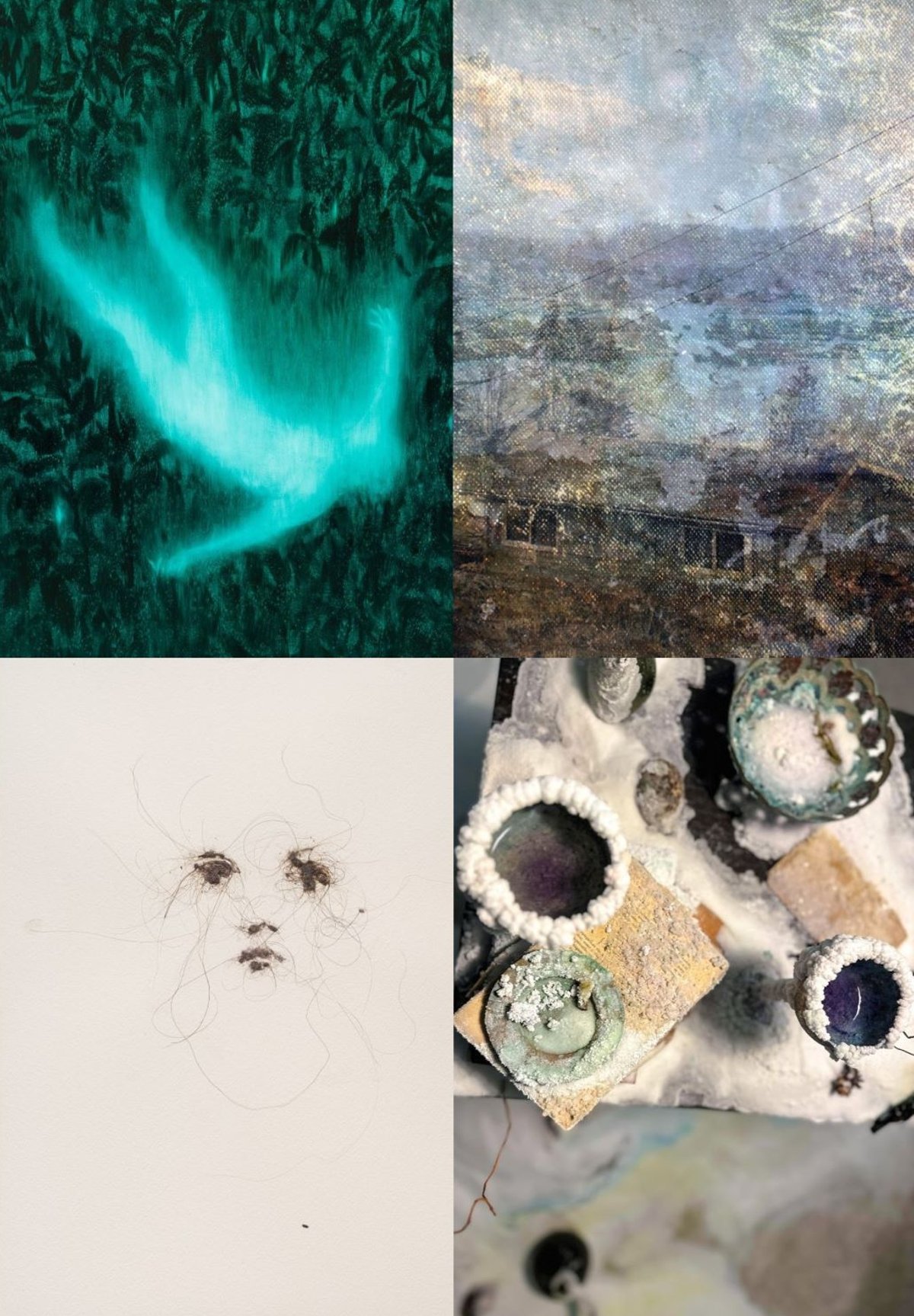 Montage des œuvres proposées par Eva Nielsen, Lionel Sabatté, Xie Lei et Bianca Bondi pour la carte blanche présentée dans le numéro de janvier 2026 du mensuel The Art Newspaper édition française.