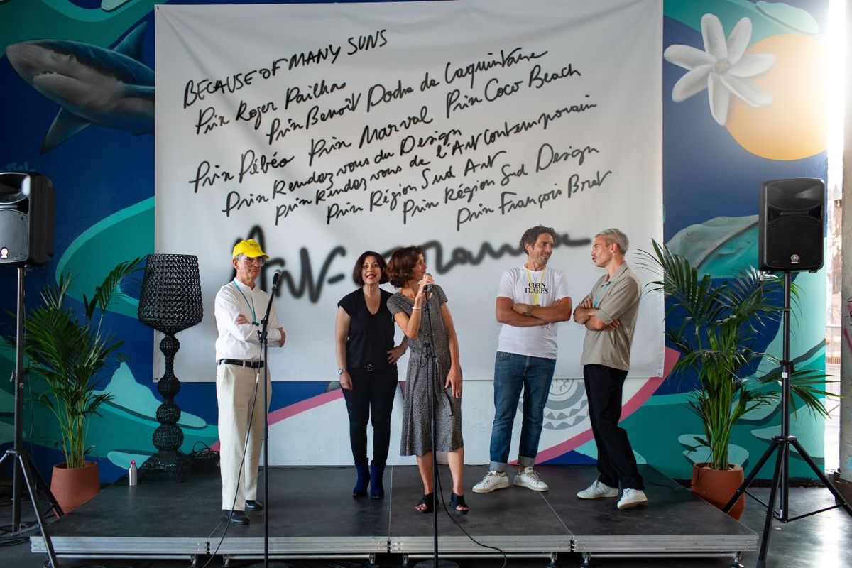 Jérôme Pantalacci (Art-o-rama), Valérie Sandoz (Artothèque de Villeurbanne), Isabelle Reiher (cccod), Olivier Ludwig-Legardez (Tchikebe) et Olivier Mignon (Keijiban), Art-o-rama 2024. © Margot Montigny