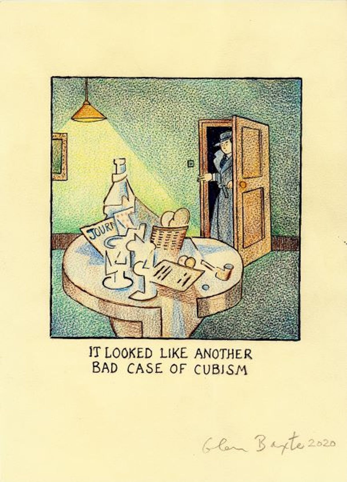 Glen Baxter, Cubism, 2020, encre et crayon sur papier, 38×27 cm. Courtesy de l’artiste et galerie Gounod