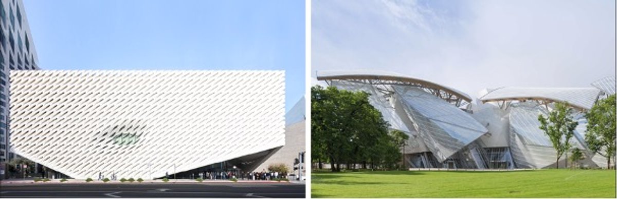 The Broad exterior, Los Angeles. Photo by Mike Kelley.
Droite : Façade nord de la Fondation Louis Vuitton. © Gehry Partners, LLP and Frank O. Gehry. Photo by Iwan Baan