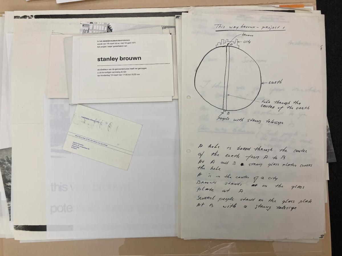 Les archives du curateur Harald Szeemann au Getty Research Institute à Los Angeles contiennent une lettre de stanley brouwn datant de 1969 présentant quatre propositions d’œuvres impossibles, dont ce projet de télescope. Photo : Jori Finkel