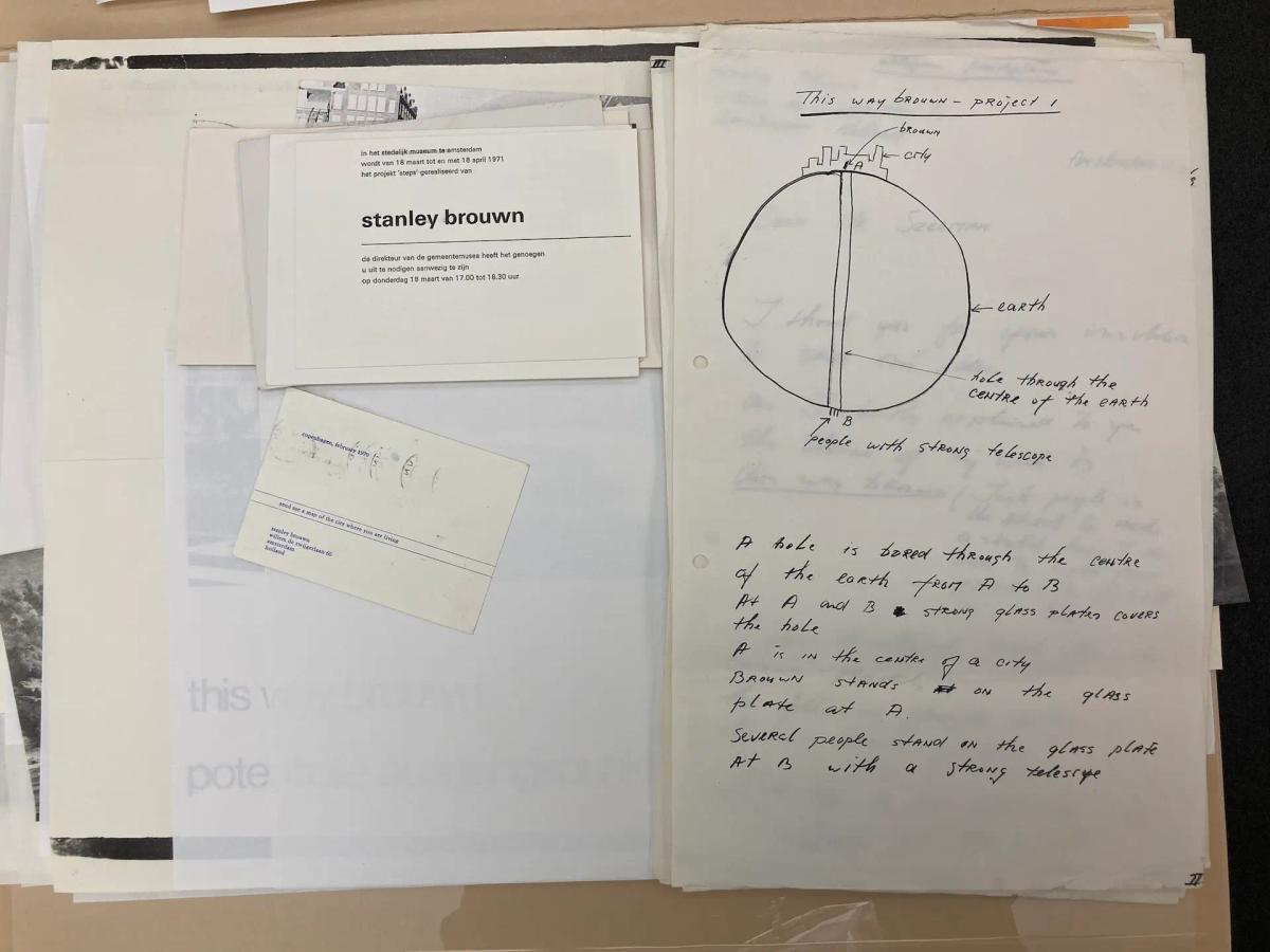 Les archives du curateur Harald Szeemann au Getty Research Institute à Los Angeles contiennent une lettre de stanley brouwn datant de 1969 présentant quatre propositions d’œuvres impossibles, dont ce projet de télescope. Photo : Jori Finkel