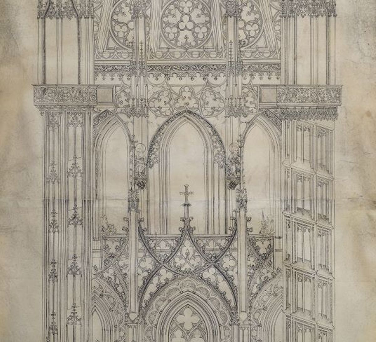 Dessin de la haute tour de la cathédrale de Strasbourg, projet de flèche, détail du petit étage de l’octogone. Attribué à Johannes Hültz, Strasbourg, vers 1419. Encre noire, lavis gris, brun et vert sur parchemin. Strasbourg, Musée de l’Œuvre Notre-Dame. © musées de Strasbourg – Mathieu Bertola