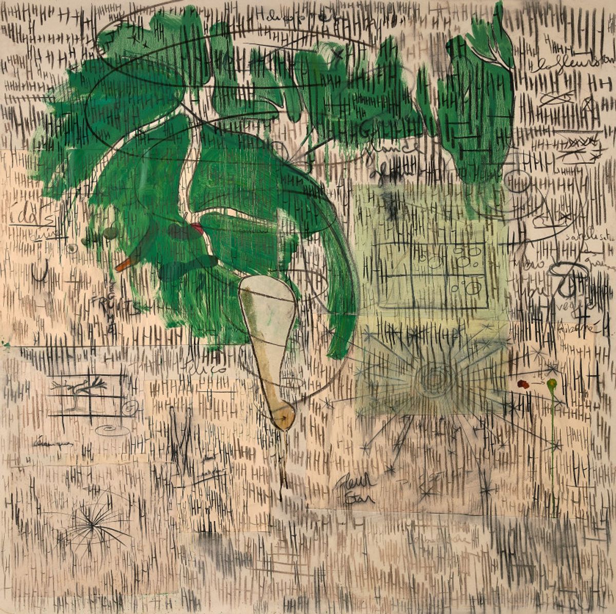 Fabrice Hyber, H comme hélicoptère, 2002, technique mixte et collage sur toile, 200 x 200 cm. Courtesy Artcurial