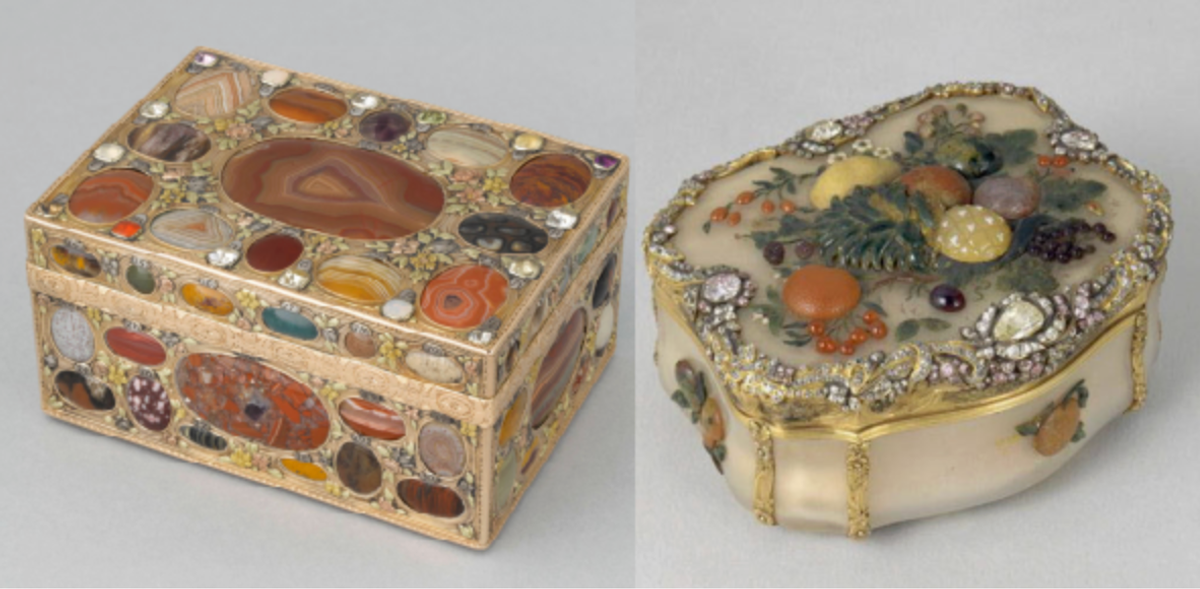 Tabatière, Johann Christian Neuber (Dresde vers 1763-1770), Musée du Louvre, département des Objets d'art ; Tabatière, orfèvre non identifié (Berlin 1760-1770), ancienne collection de Frédéric II de Prusse, Musée du Louvre, département des Objets d'art. © 2011 GrandPalaisRmn (musée du Louvre), Jean-Gilles Berizzi ; © 1992 GrandPalaisRmn (musée du Louvre), Martine Beck-Coppola