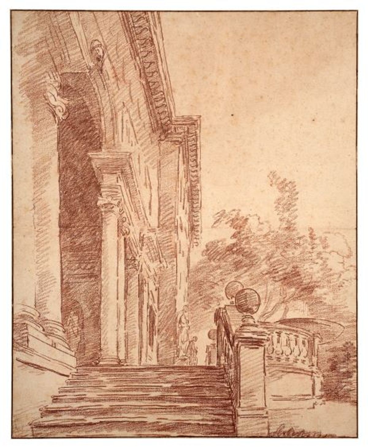 Hubert Robert, Vue de la façade orientale de la villa Médicis à Rome, vers 1750, sanguine, est. 50000 à 70000 euros. © Artcurial