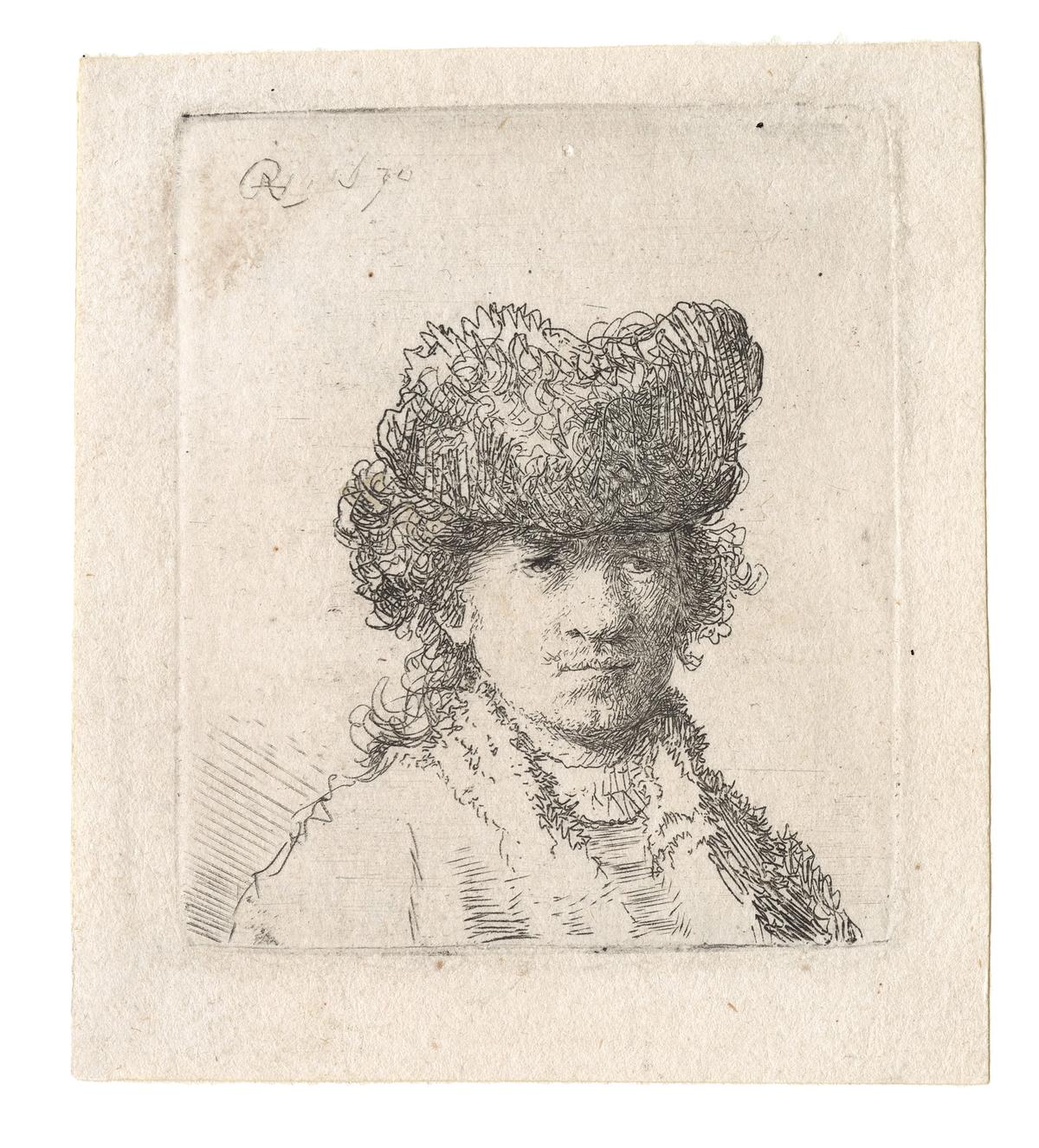 Rembrandt, Autoportrait en bonnet de fourrure, 1630, gravure à l’eau-forte sur papier vergé. © Courtesy d’Agnews