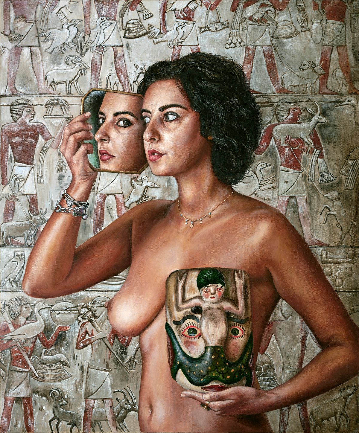 Nazanin Pouyandeh, Autoportrait au masque et au miroir II, 2025, Huile sur toile, 65 × 54 cm. Courtoisie de l'artiste et Templon, Paris – Bruxelles – New York. Photo © François Séjourné.