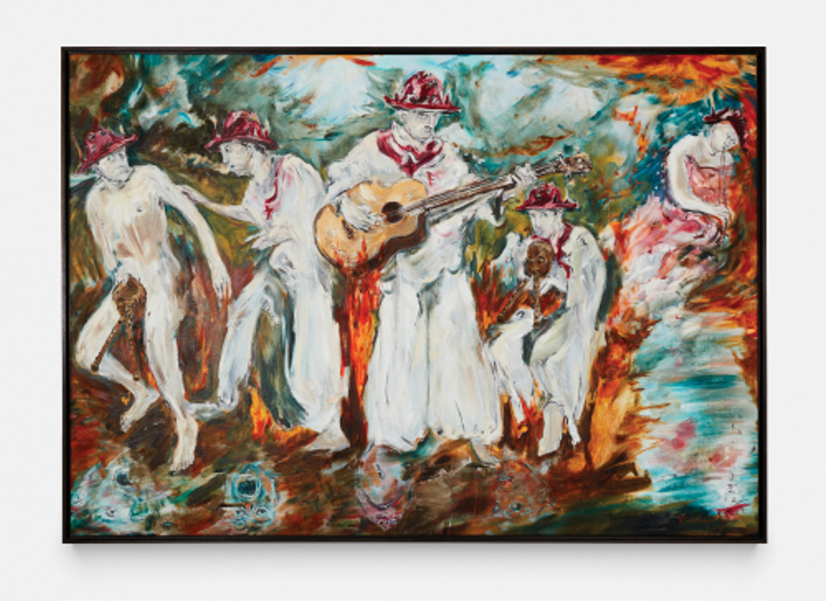 Joris Van De Moortel, mURsyas auditioning the orchestra of dubious pilgrims, 2023, huile sur toile de lin. Courtesy de l’artiste et de la galerie Nathalie Obadia