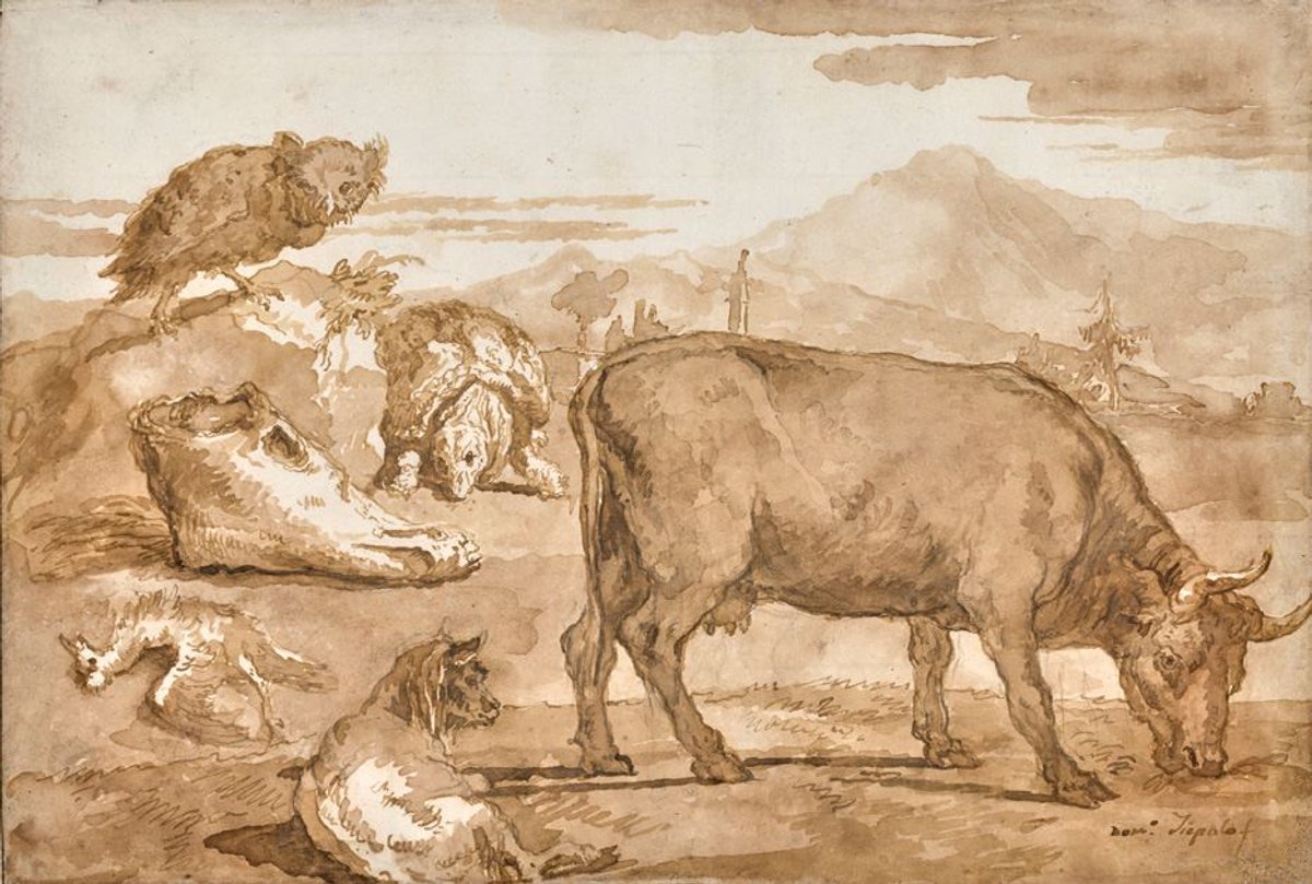 Giandomenico Tiepolo, Paysages avec une vache et d’autres animaux, XVIIIe siècle, plume, encre brune et lavis bruns, est. 40 000-60 000 euros.
© Christie’s