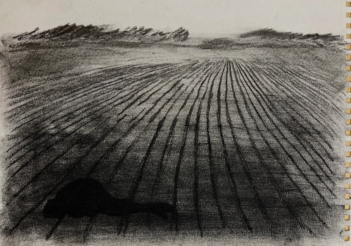 Nikita Kadan (né en 1982), The Shadow on the Ground, XII, 2022, fusain sur papier (page de carnet), H. 27,9 ; L. 42 cm. © Nikita Kadan / Courtesy of Galerie Poggi, Paris