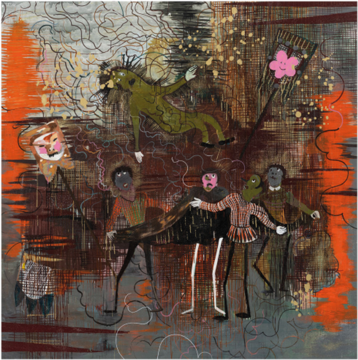 Hélène Delprat, L’Enterrement de la sardine, 2023, pigment, liant acrylique et paillettes sur toile. © Hélène Delprat. Courtesy de Hauser & Wirth. Photo Nicolas Brasseur