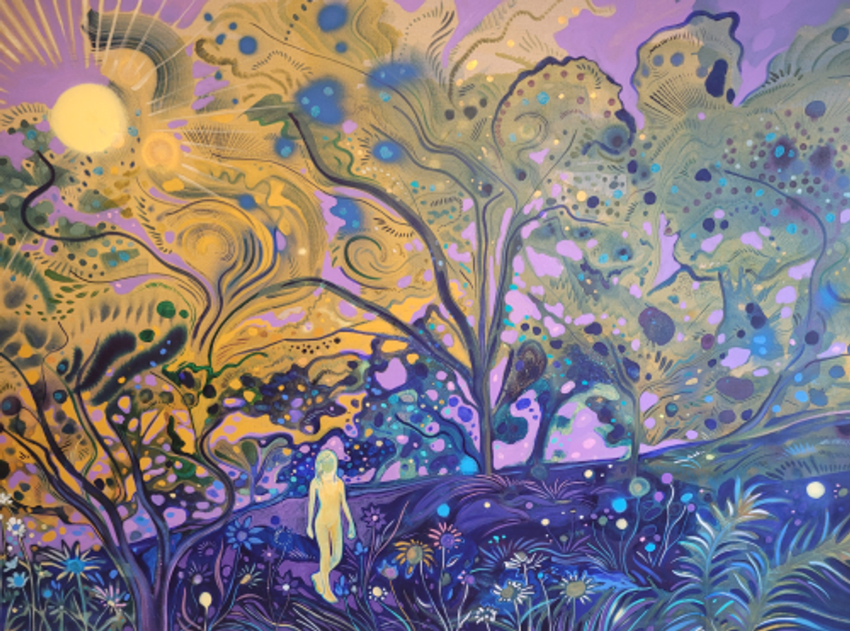 Marcella Barcelo, The last sunrays, 2023, acrylique, huile et vernis à ongle sur toile/acrylic, oil and nail polish on canvas, 300 x 200 cm. © the artist and CMS Collection