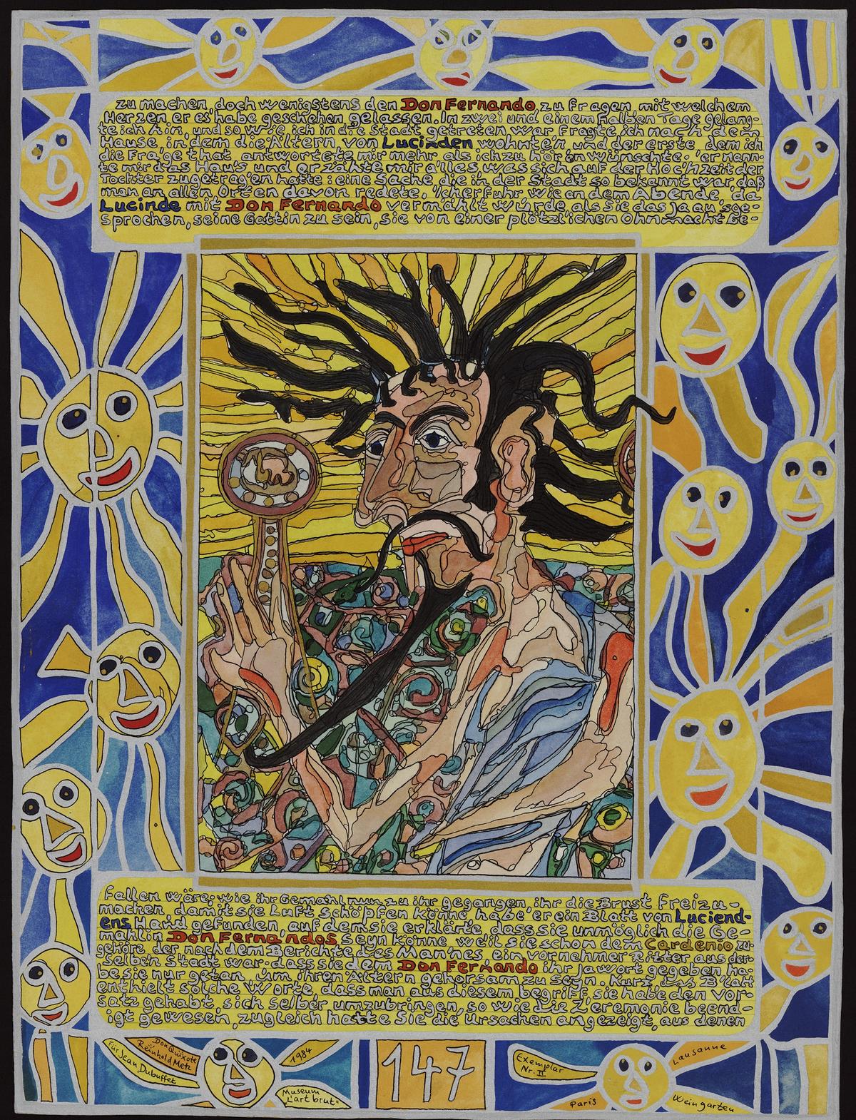 Reinhold Metz, L’Ingénieux Hidalgo Don Quichotte de la Mancha, 1983– 1984, coffret-livre, aquarelle, laque et encre de Chine sur papier, Collection de l’Art Brut, Lausanne. Photo Claudina Garcia