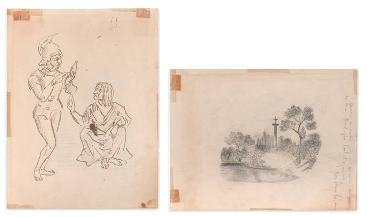 Paul Cézanne, Soldat et vieille femme, plume et encre brune sur traits de crayon (verso), vers 1856-1857; au recto, Marie Cézanne, Paysage au calvaire, crayon noir sur papier. Courtesy Ivoire Reims