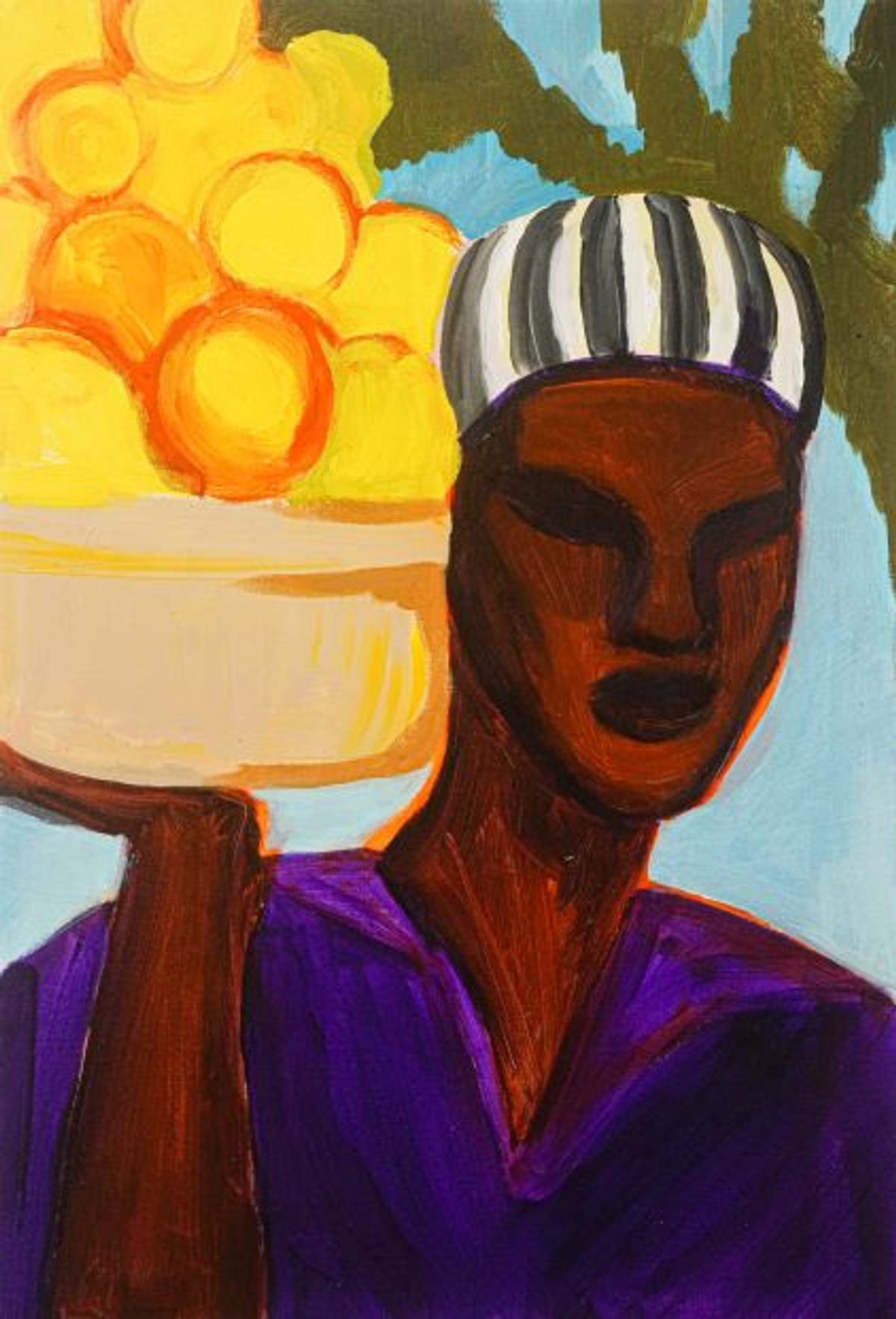 Rachel Marsil, Vendeur de fruits ambulant #1, 2022, acrylique et huile sur toile de coton.
© Rachel Marsil. Courtesy de la galerie Cécile Fakhoury