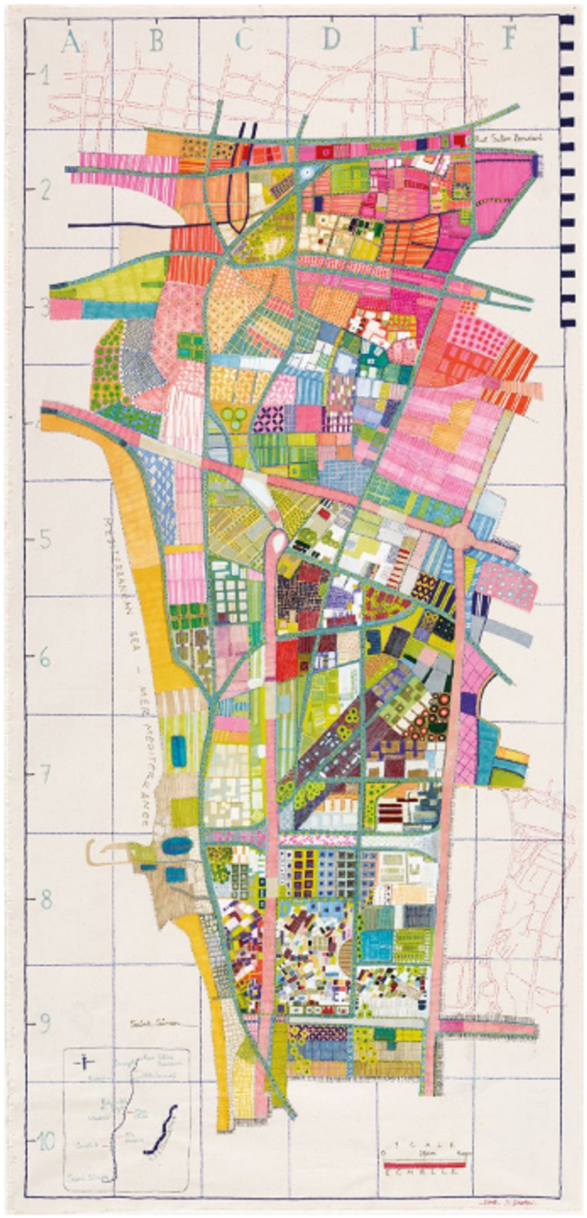 Dinah Diwan, Wandering City # 6, 2018, acrylique, feutre et broderie sur toile. Courtesy de l’artiste et galerie Esther Woerdehoff