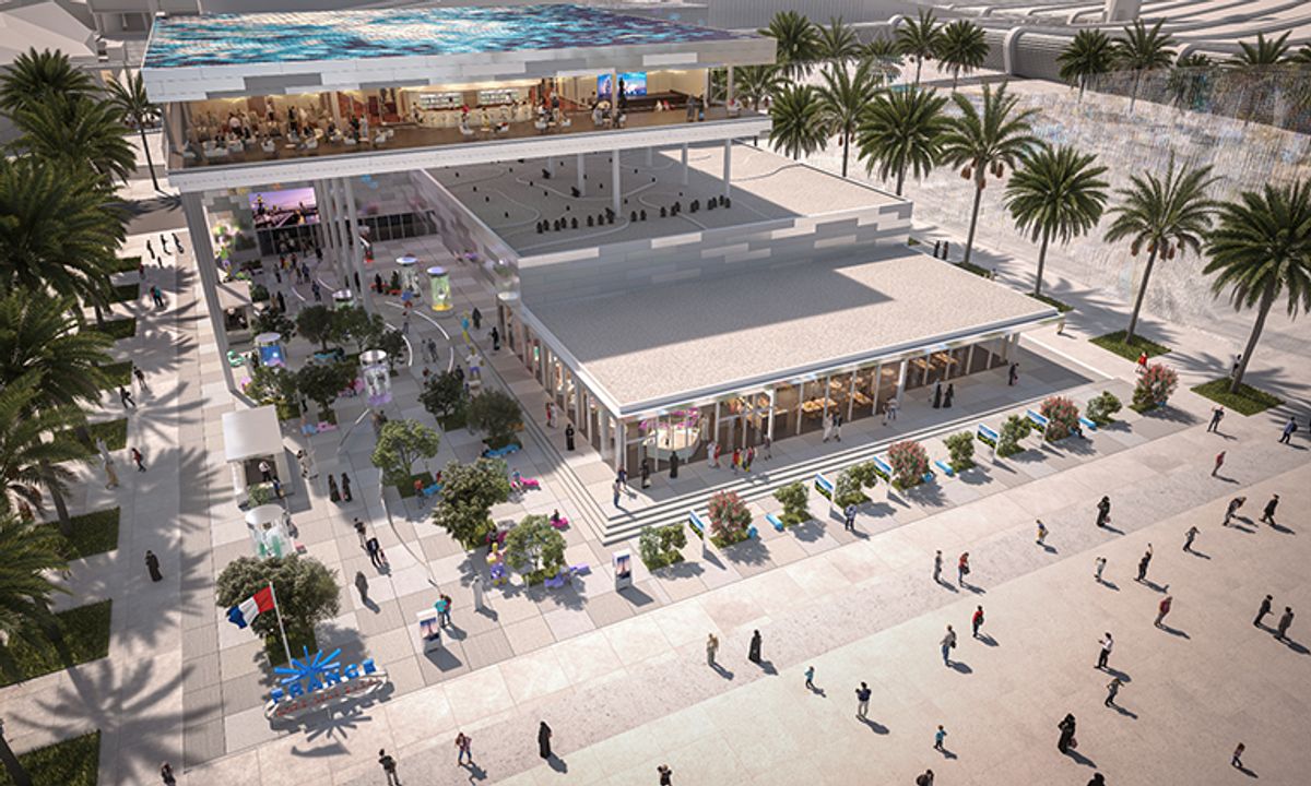 Le bâtiment écoresponsable « Lumières, Lumières », écrin du Pavillon France à l’exposition universelle de Dubaï, a été livré le 8 avril. © Pavillon France