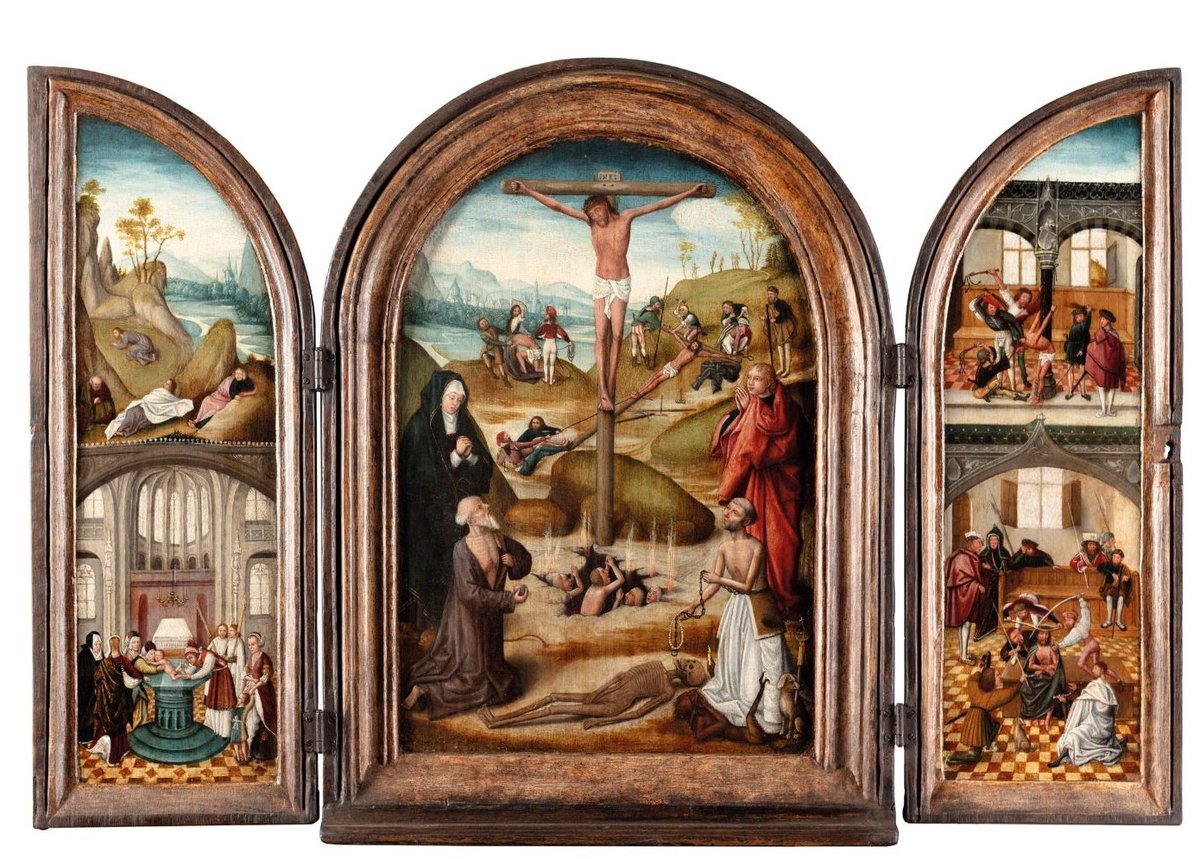 École flamande, triptyque représentant La Crucifixion et des scènes de
La Passion, vers 1500, huile sur toile. © Jan Muller Antiques