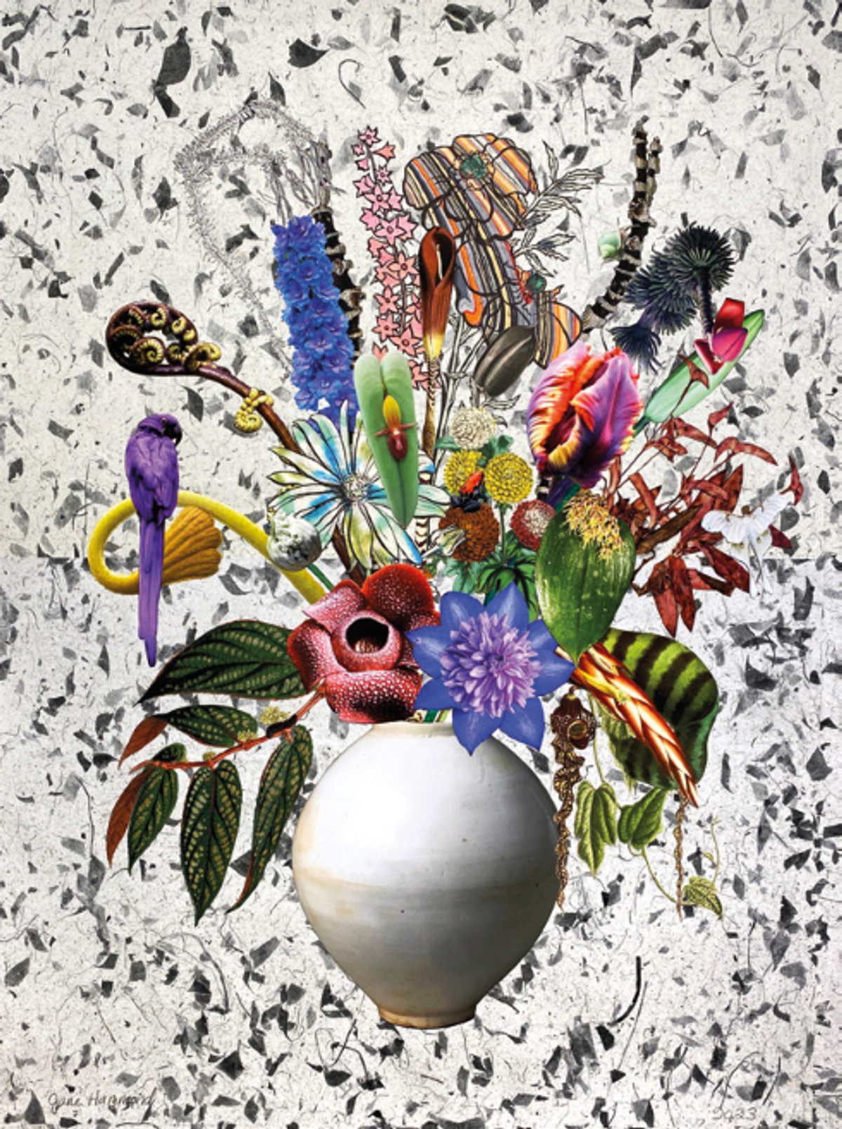 Jane Hammond, Pot de lune coréen avec Rafflesia, fougère arborescente et hyacinthe, 2023, collage botanique (linogravure, impression en relief, impression numérique, crayon de couleur, encre Sumi, aquarelle et gouache), découpé à la main et assemblé sur des papiers thaïlandais collés avec des feuilles de manguier sur un chiffon en coton.
© Jane Hammond & Galerie Lelong & Co