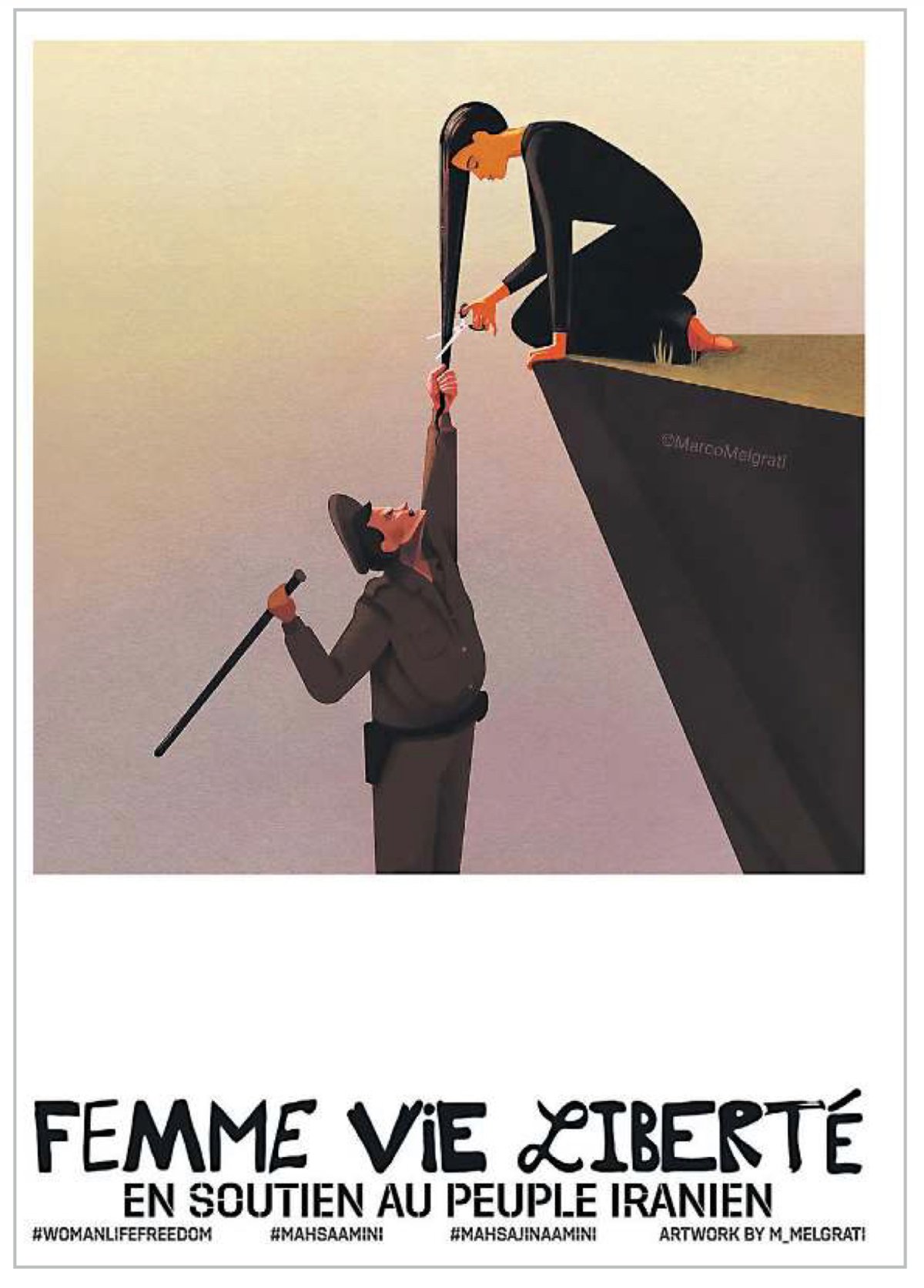 Une des affiches « femme, vie, liberté en soutien au peuple iranien ». © Marco Melgrati. @IRANIANWOMENOFGRAPHICDESIGN