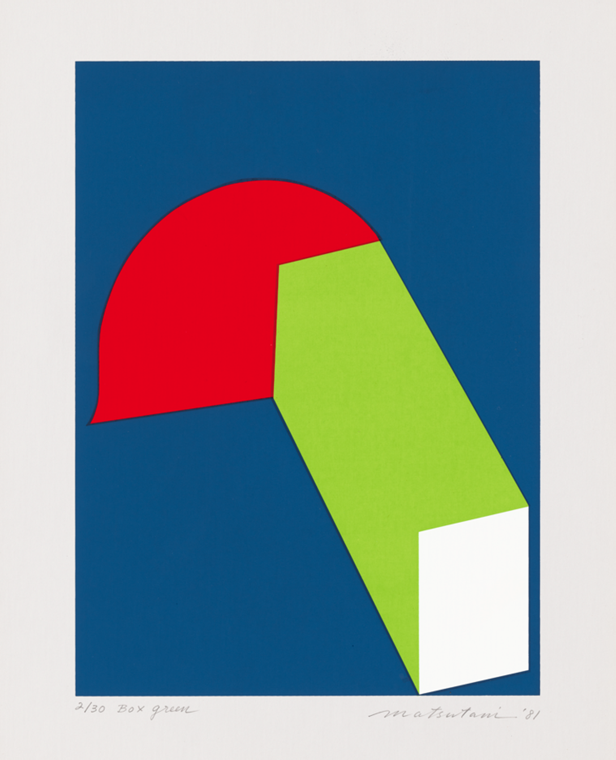 Takesada Matsutani (né en 1937), Box-Green, 1981, sérigraphie en couleurs, tirage 2/30, 41,6 × 32,7 cm (feuille), 33,4 × 24,5 cm (sujet), Paris, bibliothèque de l’Institut national d’histoire de l’art © avec l'autorisation de l’artiste et de la galerie Hauser & Wirth