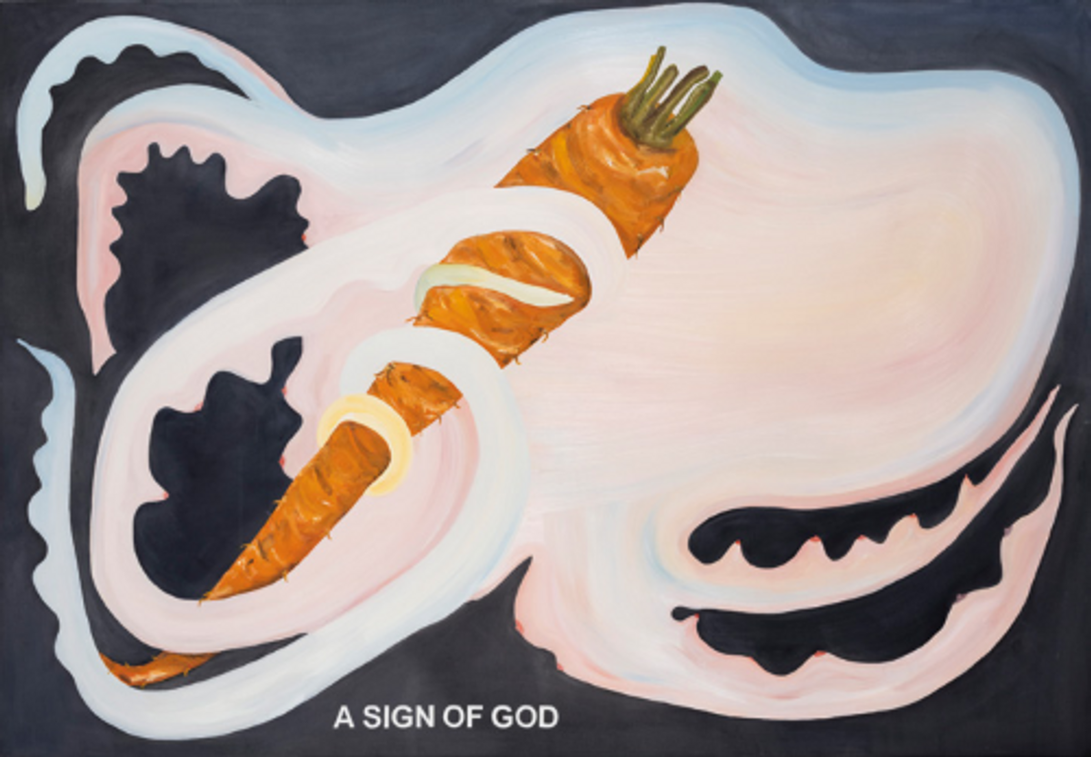 Laure Prouvost, The Octopus Body – A Sign of God, 2022, huile sur toile.
Courtesy de l’artiste et galerie Nathalie Obadia