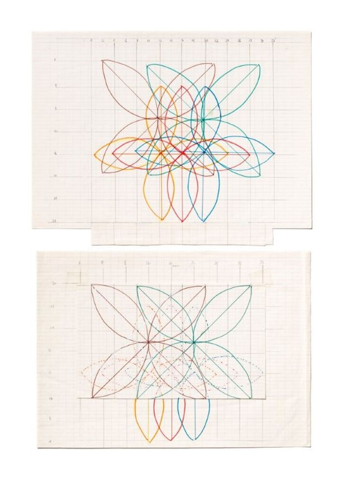 Lucinda Childs, Deux gabarits pour Melody (extrait), 1977, feutres de couleur, crayon, correcteur blanc et ruban adhésif sur papier, Pantin, Centre national de la danse. © CND