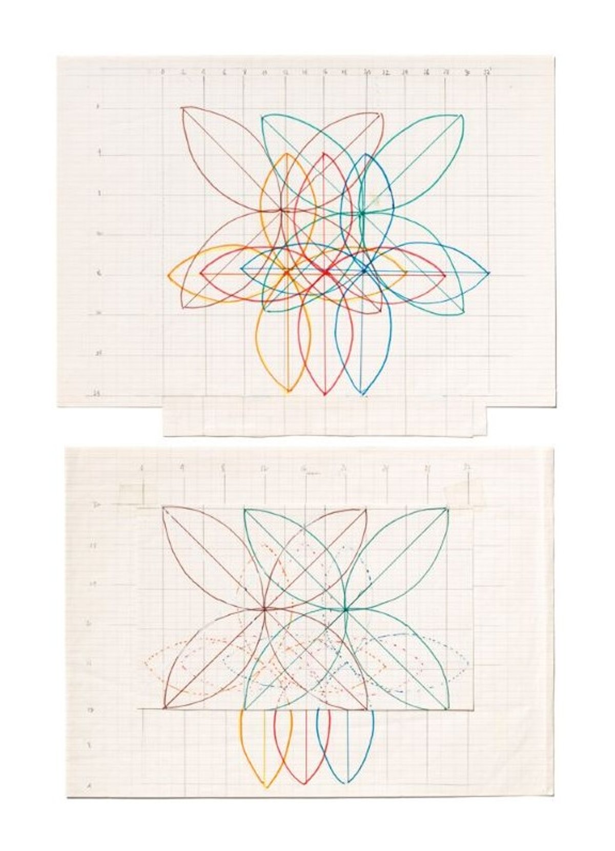 Lucinda Childs, Deux gabarits pour Melody (extrait), 1977, feutres de couleur, crayon, correcteur blanc et ruban adhésif sur papier, Pantin, Centre national de la danse. © CND