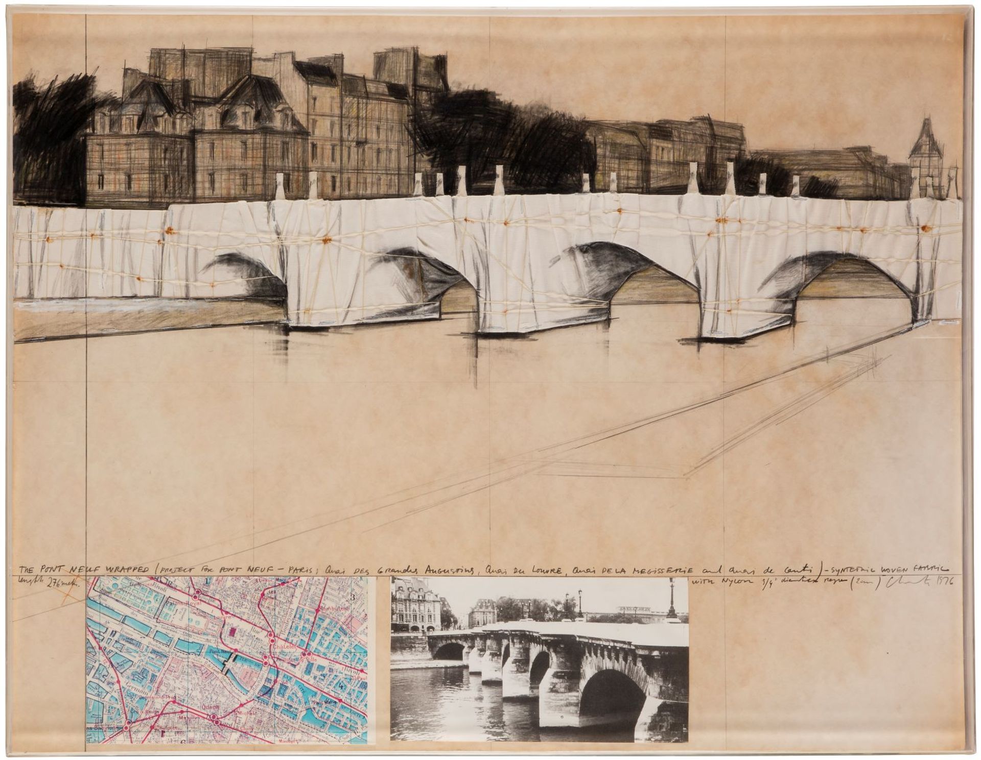 Christo, Le Pont-Neuf emballé, 1976, fusain et collage sur carton. Signée, datée et annotée. Est. 80 000 - 100 000 euros. Courtesy Ader