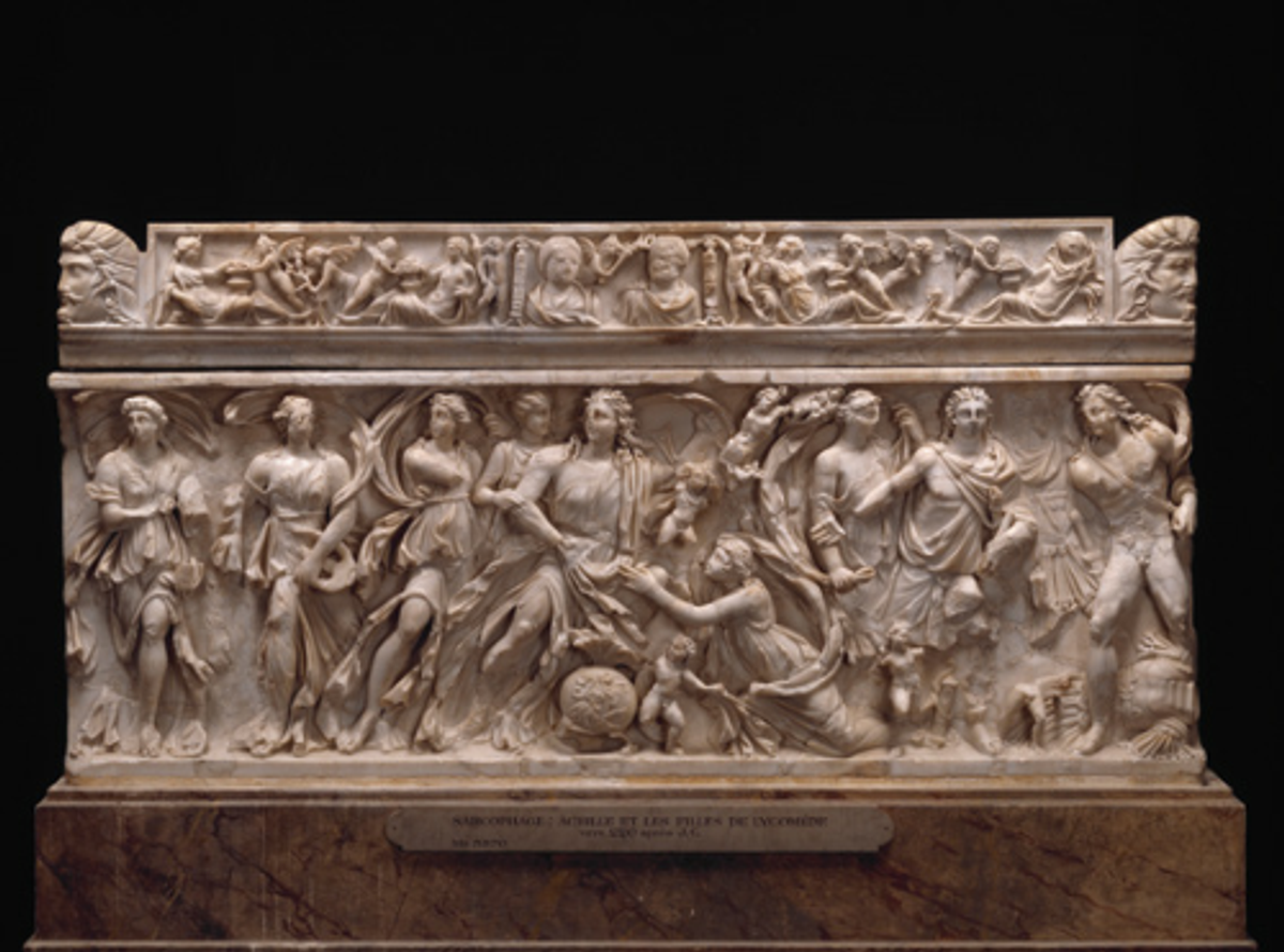 Sarcophage représentant l’épisode d’Achille à Skyros, 210-220, marbre blanc, musée du Louvre, Paris. © RMN-Grand Palais (musée du Louvre)/René-Gabriel Ojeda