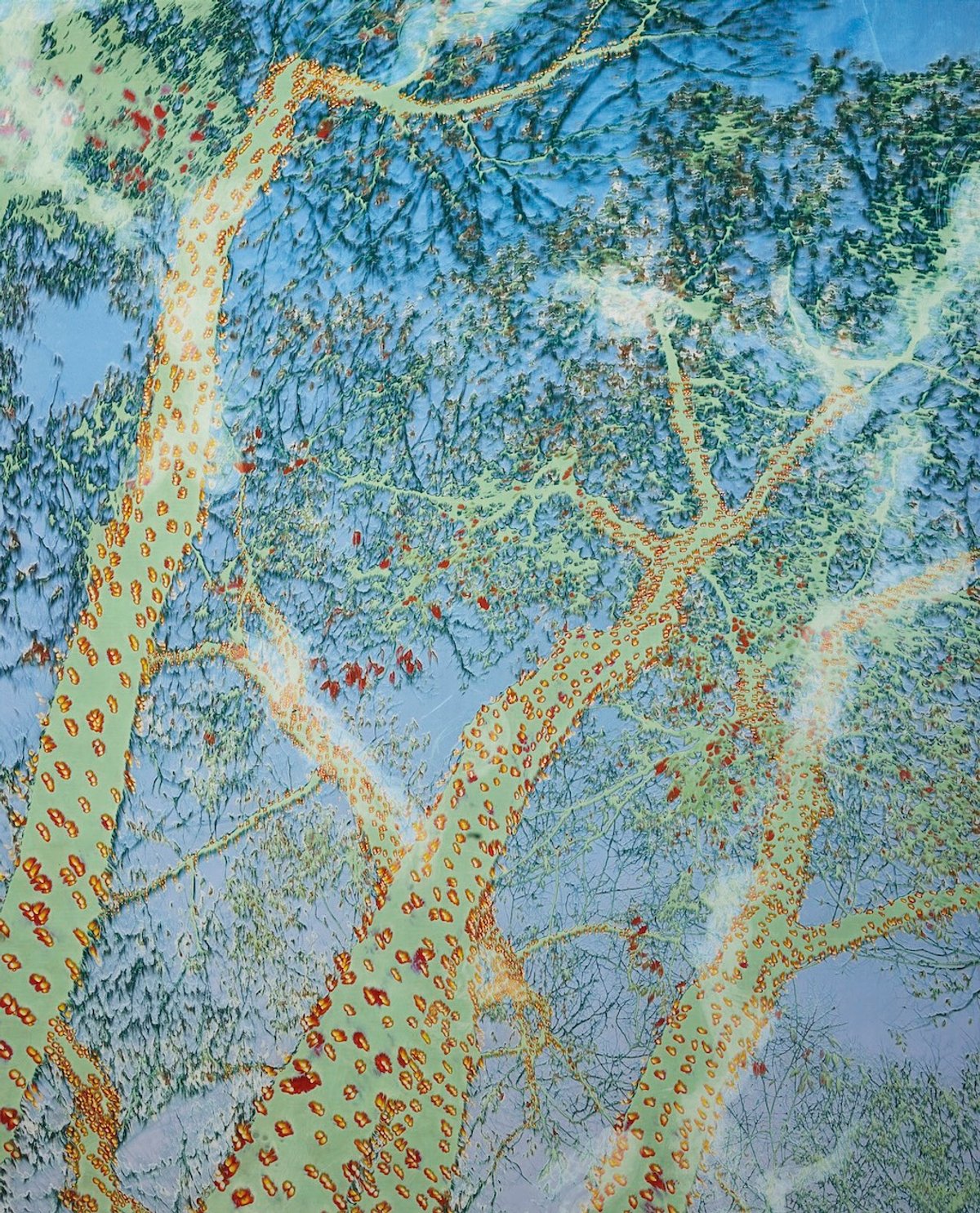 Jean-Vincent Simonet, Spider tactics 01, 2023, impression jet d'encre Omotsando sur film plastique, lavé et modifié par l'artiste, 100 x 126 cm, pièce unique. © Jean-Vincent Simonet / Courtesy Intervalle