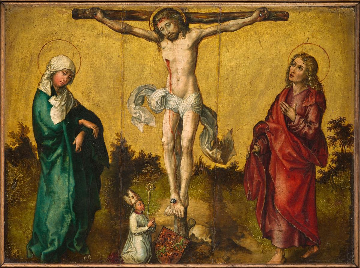 Albrecht Dürer (?), Crucifixion, 1492-1493, peinture à la technique mixte sur bois (tilleul). Œuvre présentée dans l'exposition « Couleur, gloire et beauté. Peintures germaniques des collections françaises (1420-1536) », du 4 mai au 23 septembre 2024, au musée Unterlinden à Colmar. © Musée Jeanne d’Aboville, La Fère. Photo : RMN-Grand Palais / Benoît Touchard