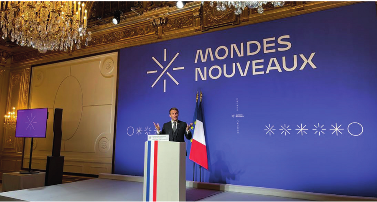 Emmanuel Macron présentant le programme Mondes Nouveaux au Palais de l'Élysée, à Paris, le 8 novembre 2021. Photo : Philippe Régnier.