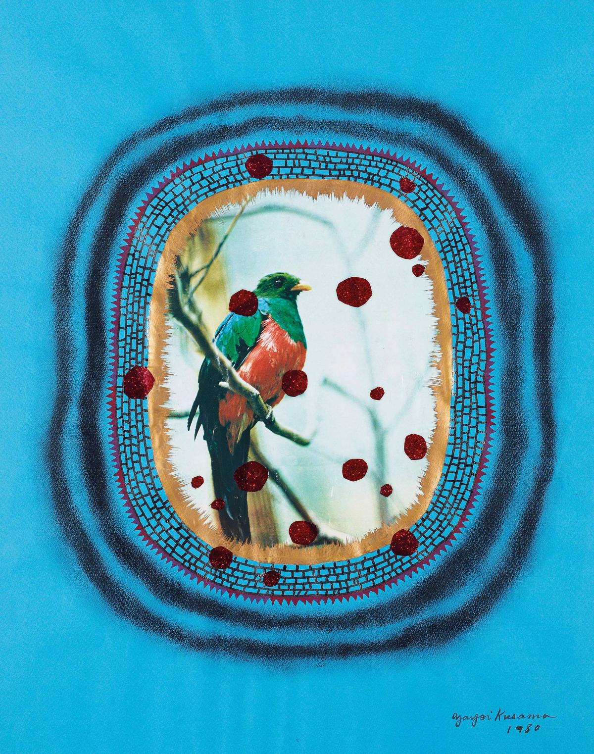 Yayoi Kusama, Bird, 1980, collage, pastel, gouache et encre sur papier.
© Courtesy Galerie Messine