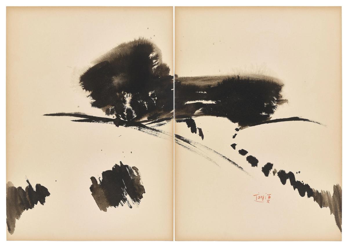 T’ang Haywen,Sans titre, vers 1970, encre sur carton Kyro, diptyque. Courtesy Azur Enchères

