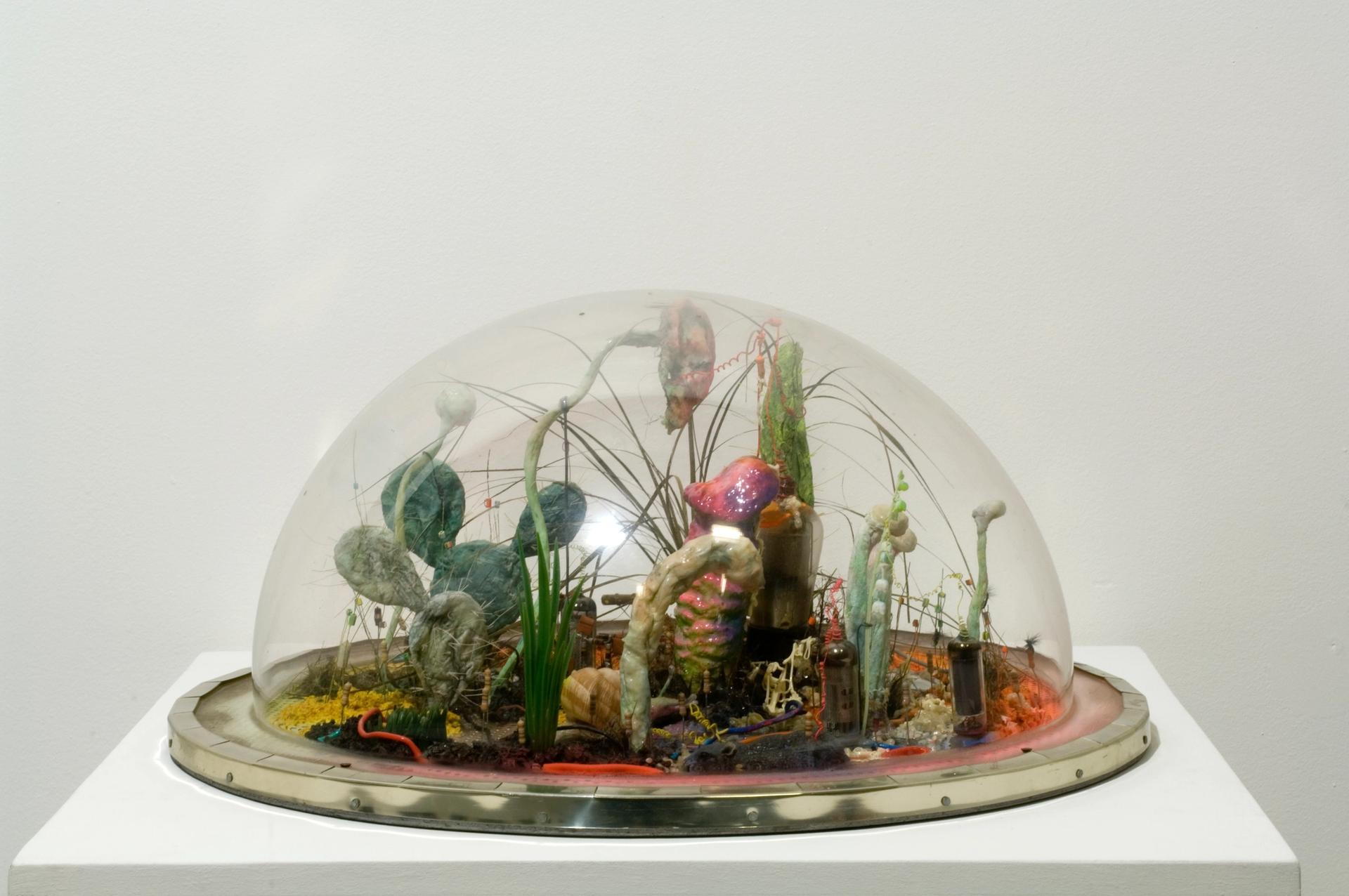 Tetsumi Kudo, Sans titre, 1971, plastique, résine et éléments électroniques sous cloche de plexiglas, 21 x 53 x 53 cm Crédit photographique : Cloé Beaugrand. © ADAGP, Paris, 2019