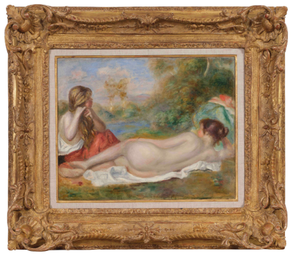 Pierre-Auguste Renoir, Femme allongée et jeune fille se coiffant, 1896, huile sur toile, est. 1,2-1,5 million d’euros. © Gros & Delettrez
