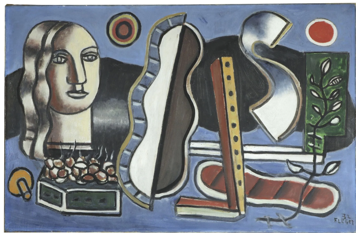 Fernand Léger, Objets contrastés sur fond bleu , huile sur toile. Courtesy Hôtel des ventes de Monte-Carlo