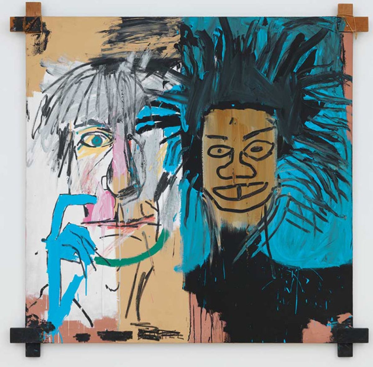 Jean-Michel Basquiat, Dos Cabezas, 1982, acrylique et crayon gras
sur châssis en lattes de bois croisées, collection particulière.
© Estate of Jean-Michel Basquiat Licensed by Artestar, New York. Photo : Robert McKeever