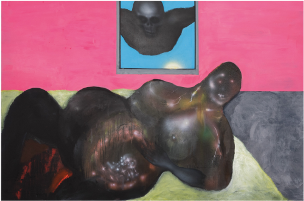 Pol Taburet, Jumping out the womb like my daddy is the devil, 2022, acrylique et peinture à l’alcool sur toile. © Courtesy de l’artiste, Balice Hertling, Paris, et Mendes Wood DM, São Paulo, Bruxelles, New York. Photo Jiayun Deng