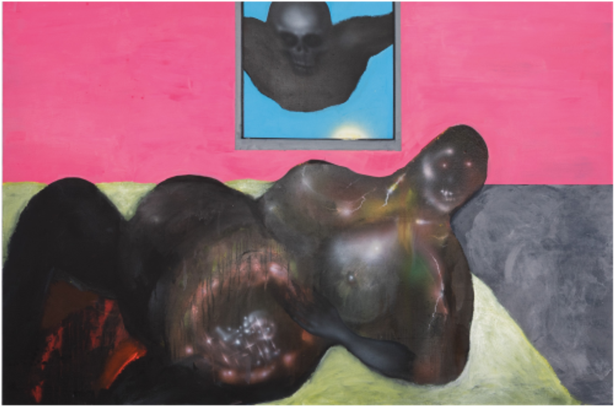 Pol Taburet, Jumping out the womb like my daddy is the devil, 2022, acrylique et peinture à l’alcool sur toile. © Courtesy de l’artiste, Balice Hertling, Paris, et Mendes Wood DM, São Paulo, Bruxelles, New York. Photo Jiayun Deng