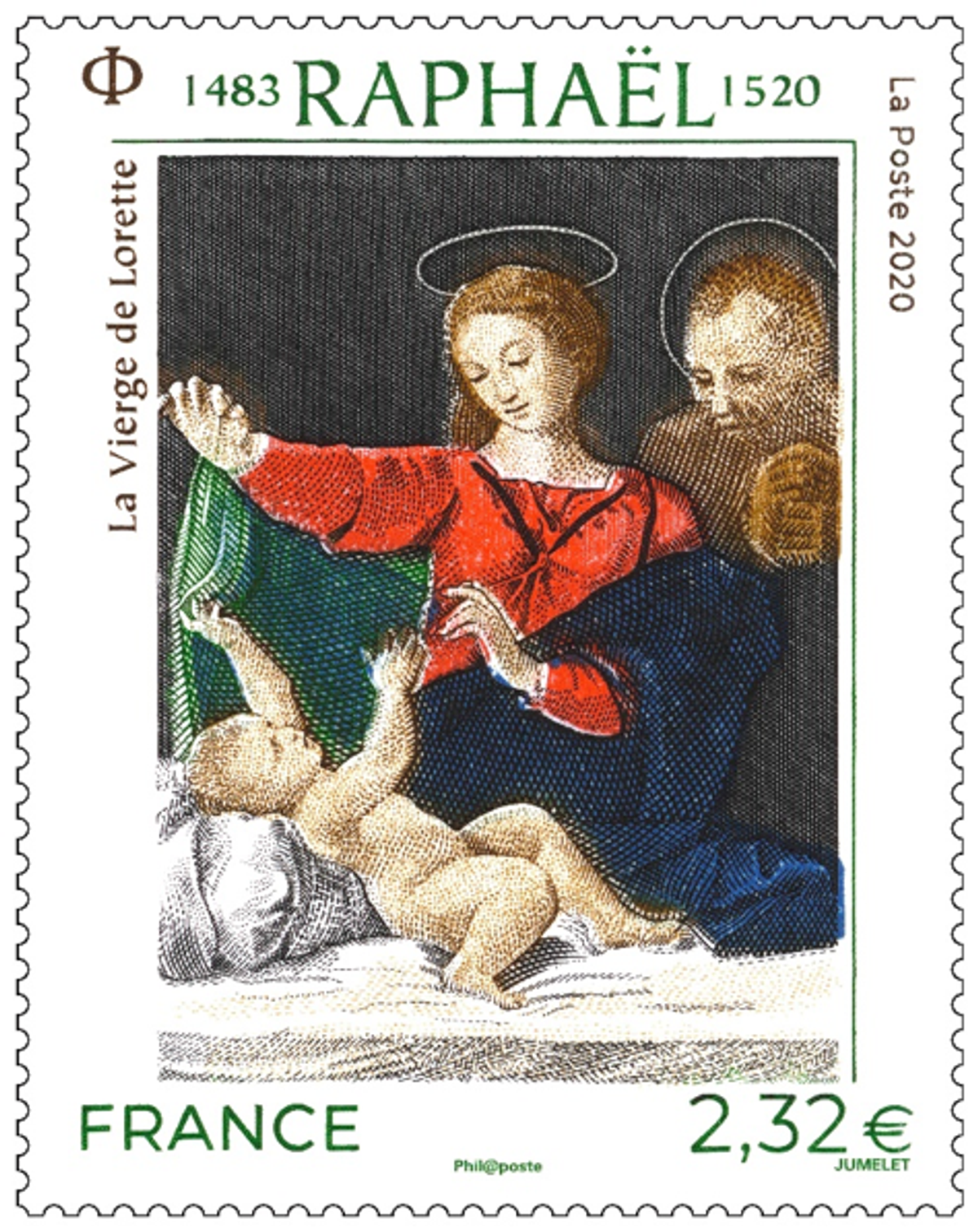La Poste émet un timbre illustré par La Vierge de  Lorette (1509-1510) de Raphaël, gravé par Claude  Jumelet. Courtesy La Poste