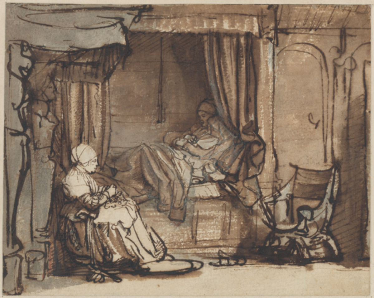 Rembrandt, Intérieur avec Saskia au lit, plume et encre brune, lavis brun et gris, 142 x 177 mm. Courtesy Fondation Custodia, Collection Frits Lugt, Paris