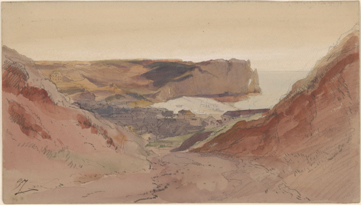 Eugène Isabey, Vue d’Étretat, vers 1840-1845, pierre noire et aquarelle sur papier, The Morgan Library & Museum, New York. © The Morgan Library & Museum, New York