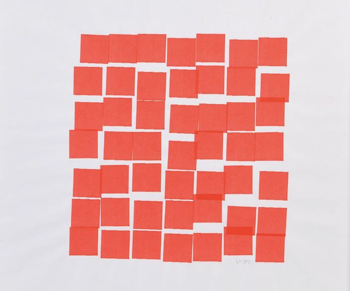 Vera Molnár, 49 Carrés rouges, 1989, dessin par ordinateur au plotter et encre sur papier, est. 2 000-3 000 euros.
© Christophe Joron-Derem