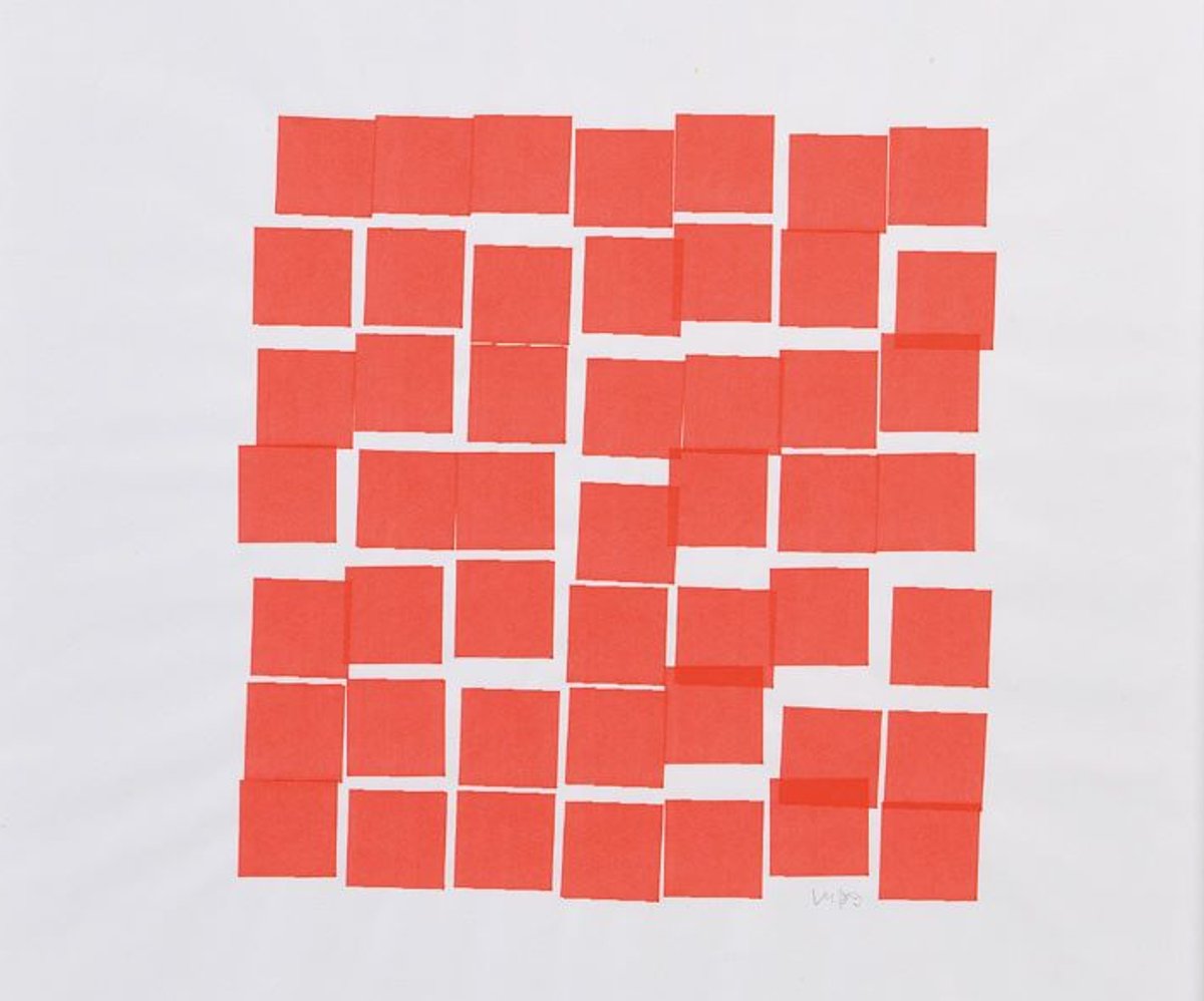 Vera Molnár, 49 Carrés rouges, 1989, dessin par ordinateur au plotter et encre sur papier, est. 2 000-3 000 euros.
© Christophe Joron-Derem