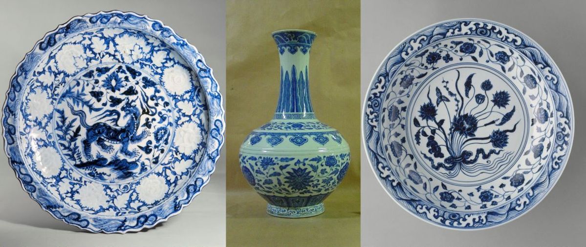 De gauche à droite : plat « au baizi » ; vase pansu ; plat à décor bleu et blanc. © GrandPalaisRmn (Limoges, musée national Adrien Dubouché). Photos : Martine Beck-Coppola ; N. Frenkel ; Tony Querrec